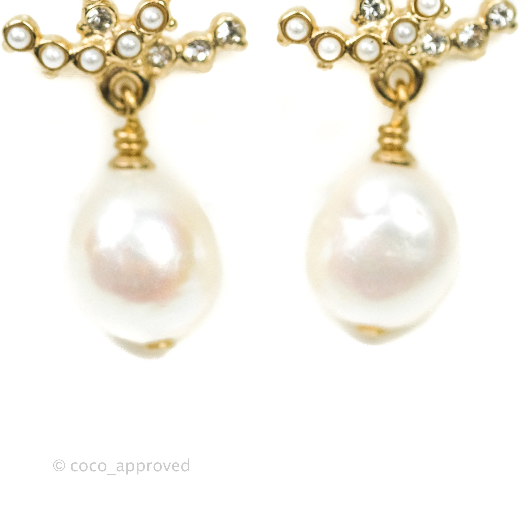 Chanel CC Pearl Drop Earrings with Crystal Accents in Gold Tone - Elegant Jewelry for Women | Perfect for Parties, Weddings & Special Occasions
