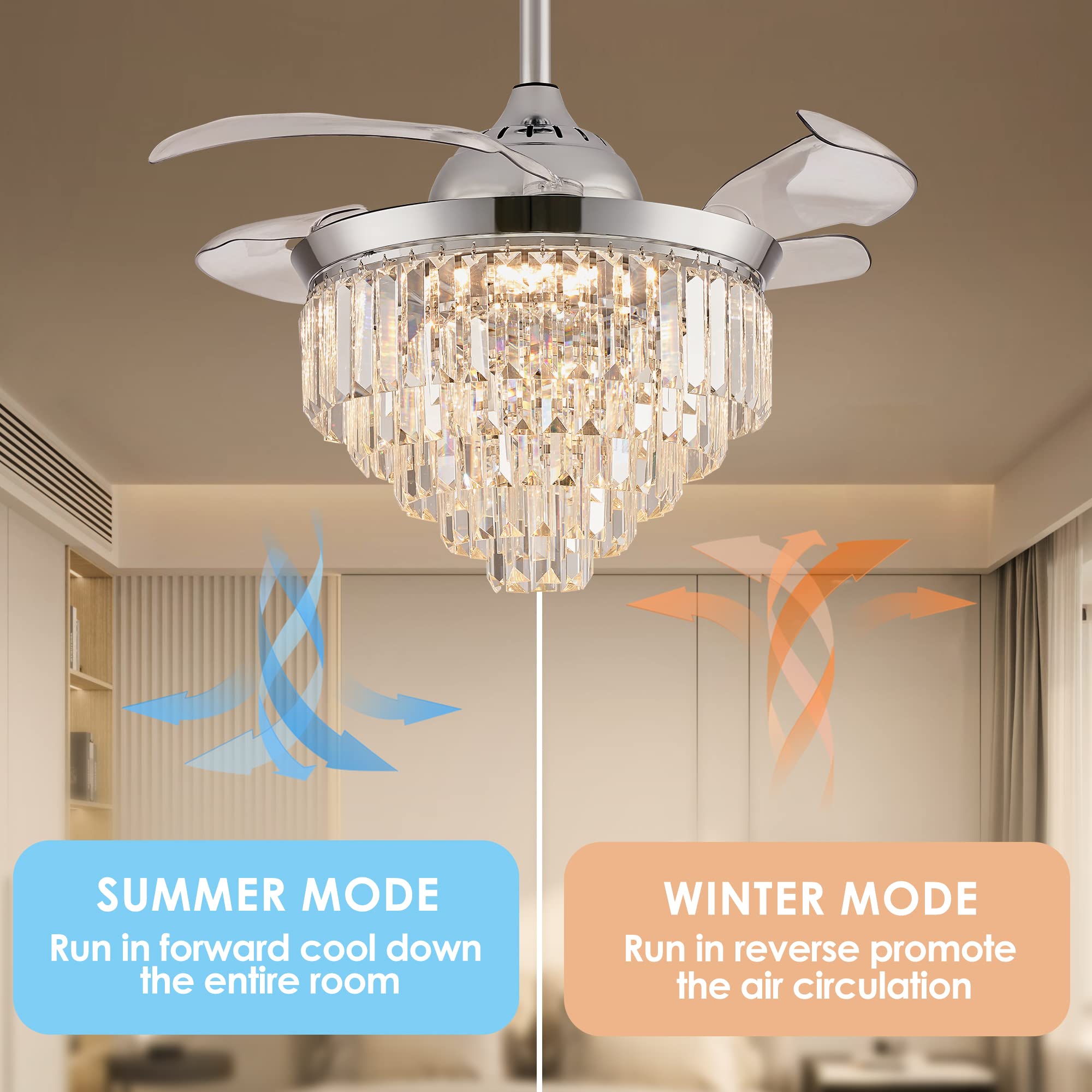 Dimmable Crystal Ceiling Fan with Light & Remote - 36