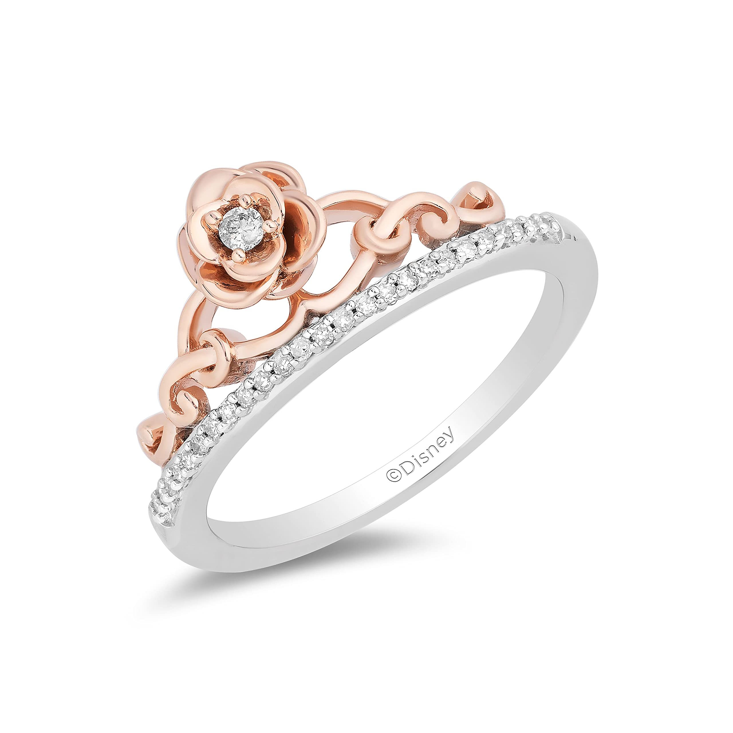 Enchanted Disney Belle Rose Ring - 14K Rose Gold over Sterling Silver with 1/10cttw Diamonds | Elegant Fine Jewelry for Women | Perfect for Weddings, Anniversaries & Disney Fans