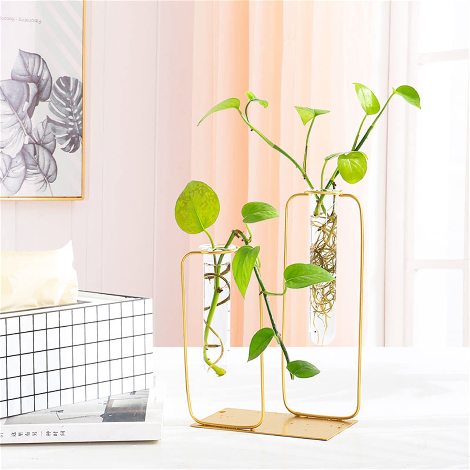 Golden Metal Outline Bud Vase with 2 Glass Containers - 13.5