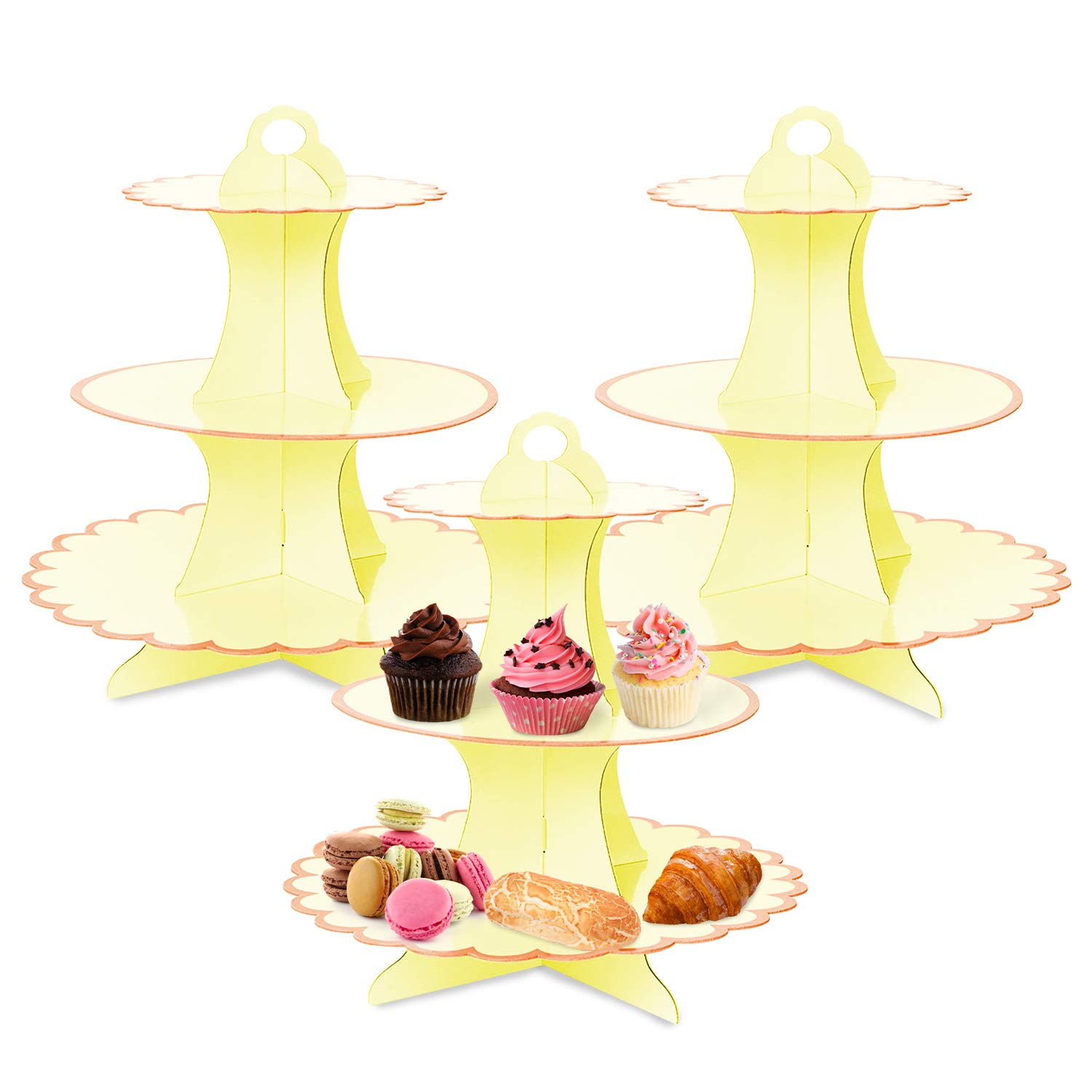 3-Tier Cupcake Stand Set - Yellow Cardboard Dessert Display Tower for Mini Cakes, Cookies, Fruits & Candy Buffet | Perfect for Birthday Parties, Wedding Receptions & Tea Time Serving