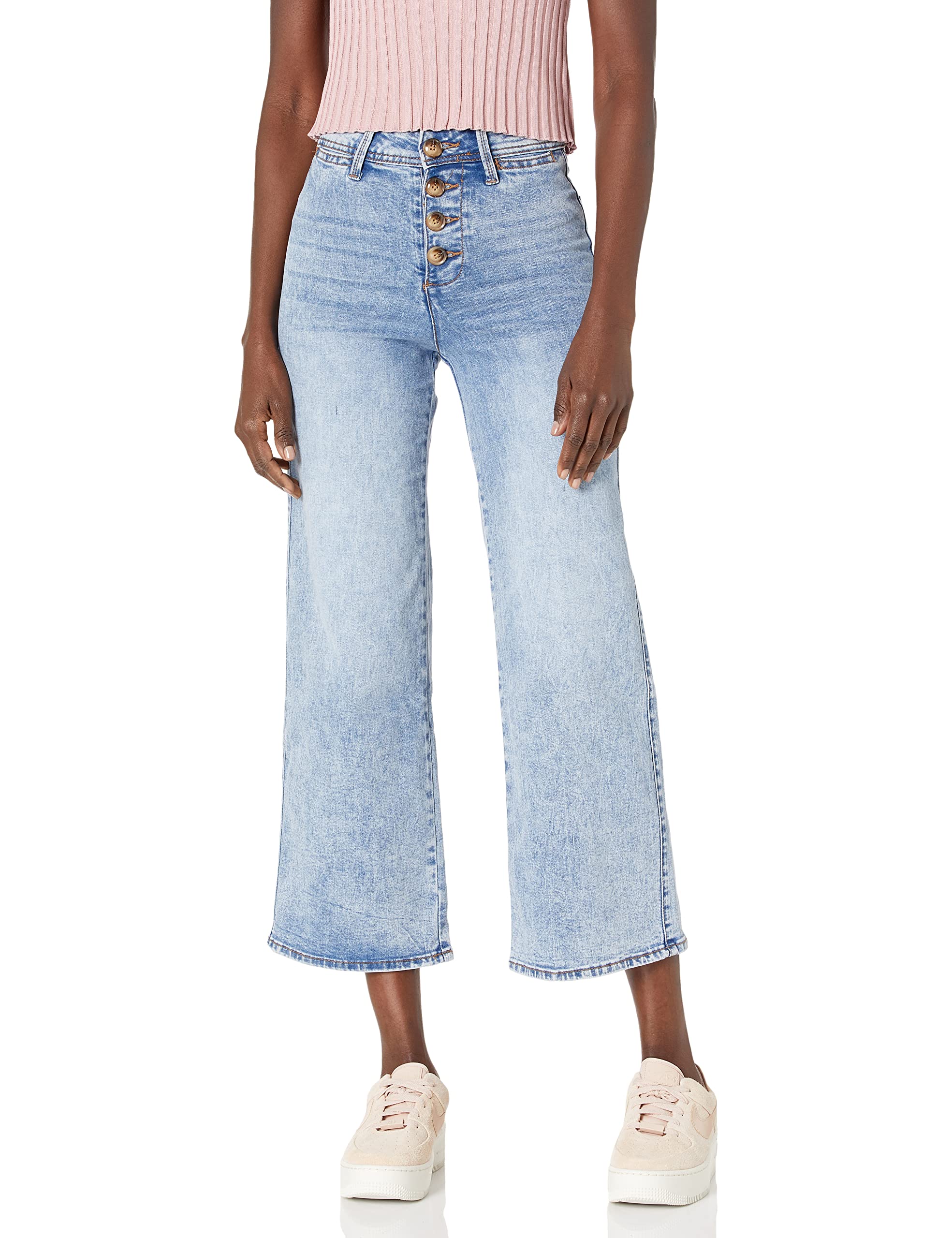 Women's High Waist Exposed Button Wide Leg Jeans - Trendy Distressed Denim Pants for Casual Outfits & Streetwear Fashion
