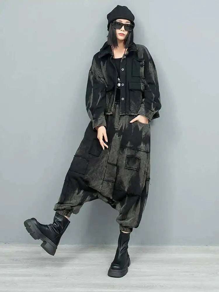 Big Size Casual Jacket & Wide Leg Pants Two-Piece Suit for Women - Lapel Long Sleeve Fashion Set Spring Autumn 2025 (1DH9185) | Office Wear, Dating Outfits & Casual Chic Style