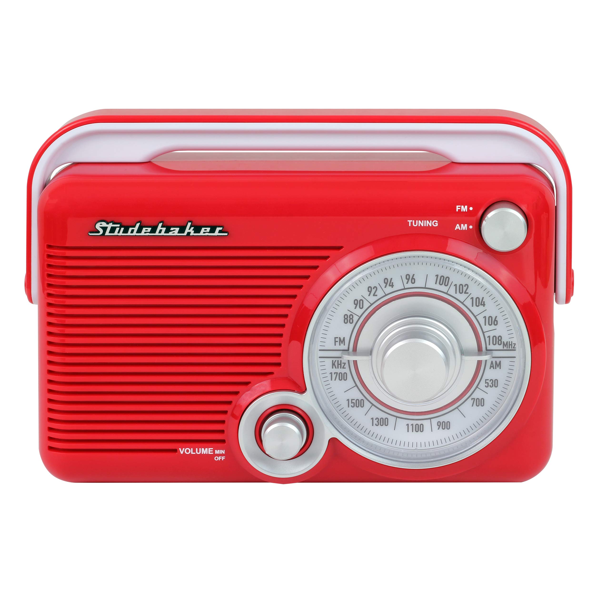 Studebaker SB2002RB Portable AM/FM Radio with Headphone Jack & Aux Input - AC/DC Power, Compact Design (Red/White) - Perfect for Camping, Emergencies & Outdoor Activities