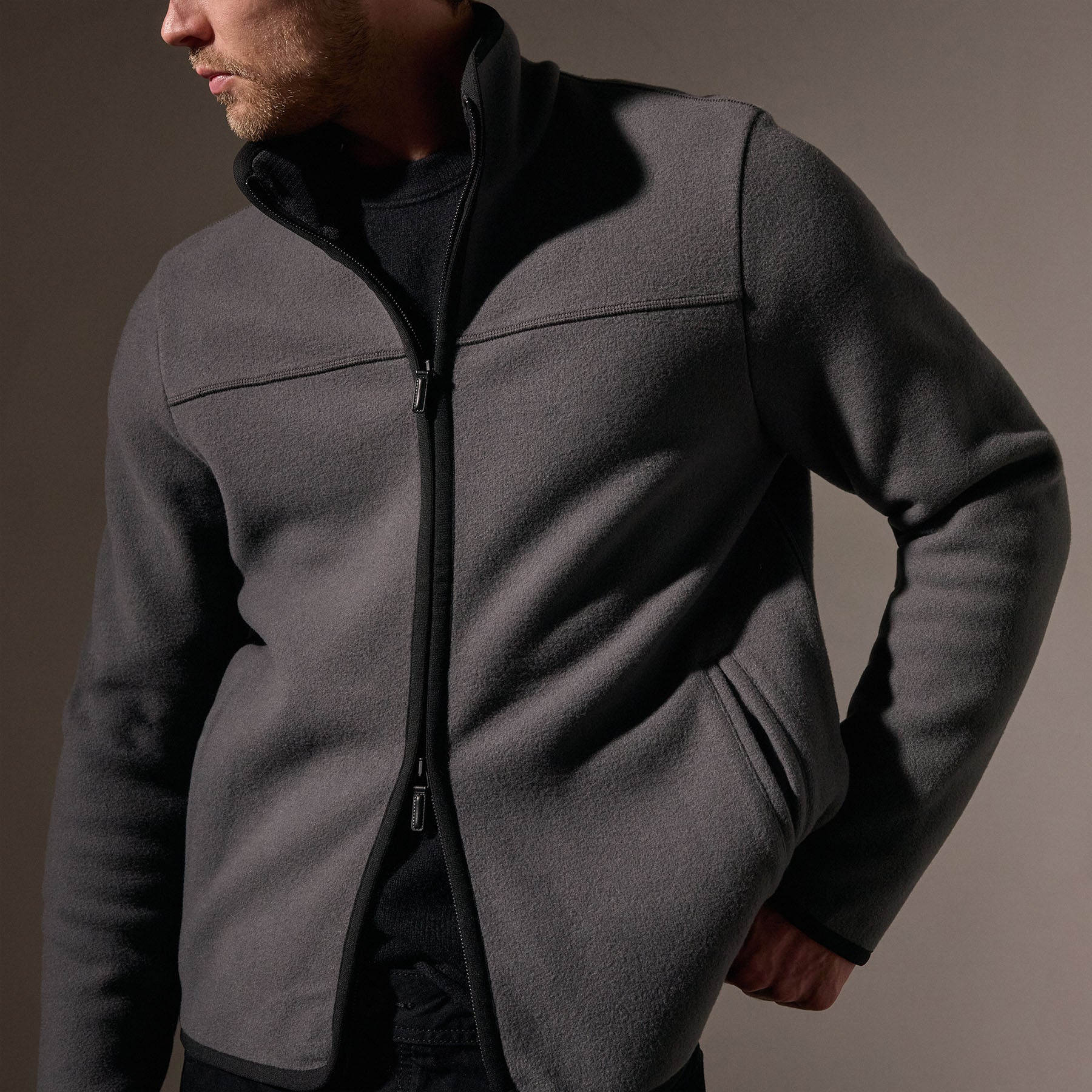 Premium Wool Jersey Zip Front Funnel Neck Sweater - Mid Grey/Black - Cozy Winter Wear for Office & Casual Outings