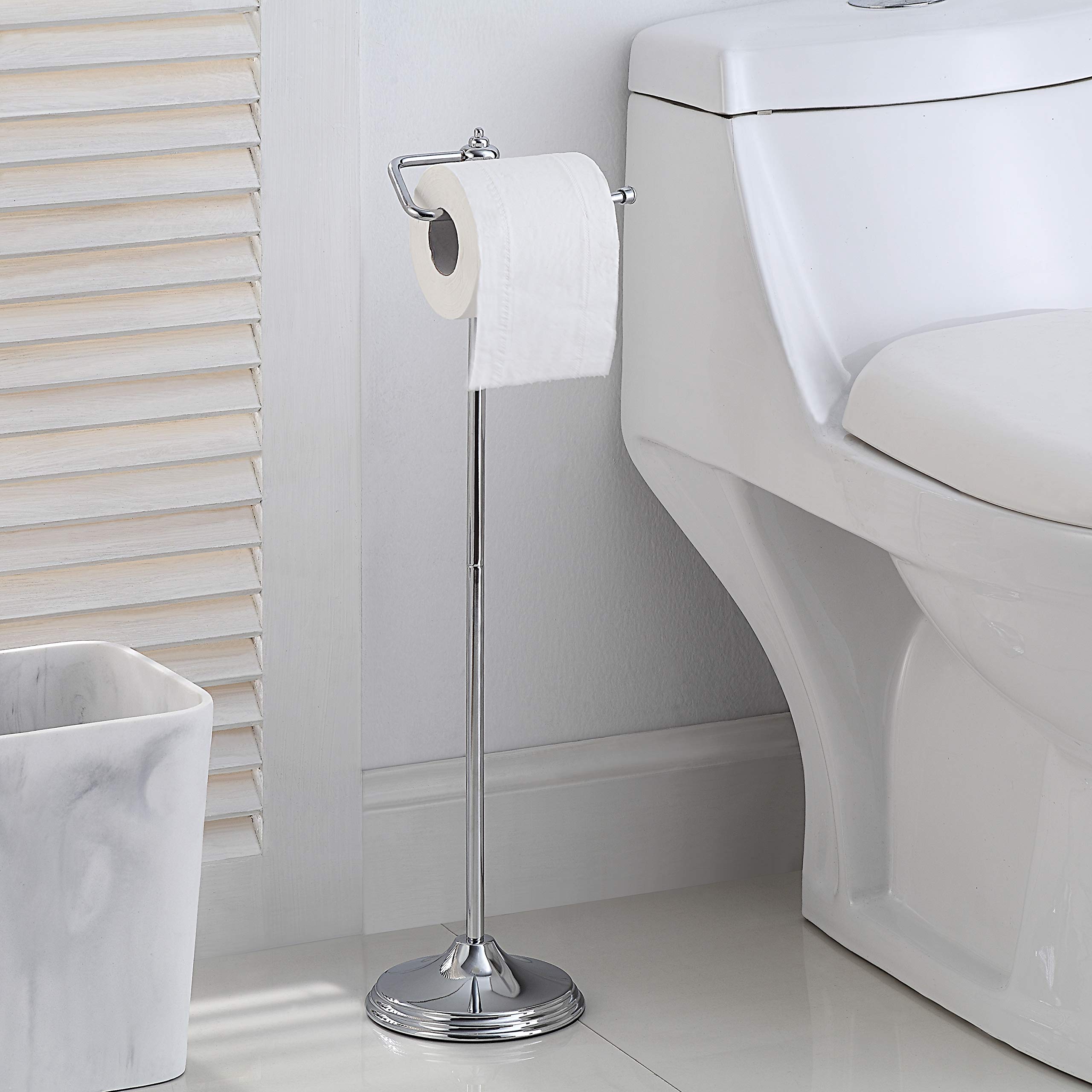 SunnyPoint Free Standing Toilet Paper Holder with Reserve Storage - Chrome Bathroom Tissue Roll Stand | Perfect for Small Bathrooms, Powder Rooms & Guest Toilets