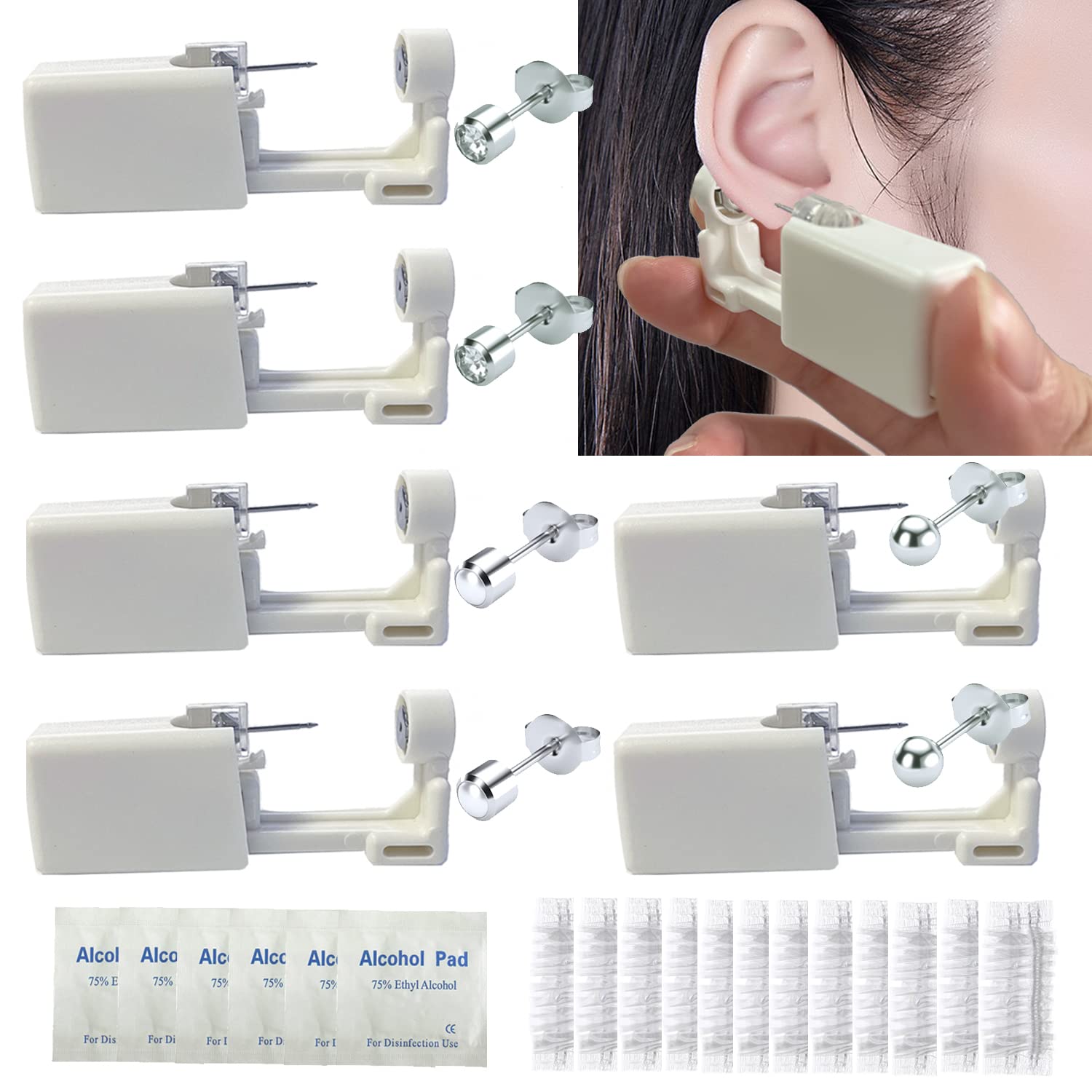 6PCS Disposable Self Ear Piercing Kit - Stainless Steel Ear Piercing Gun with 4mm Studs - Safe & Easy DIY Ear Piercing for Adults & Teens - Perfect for Home Use, Gifts, and First-Time Piercing