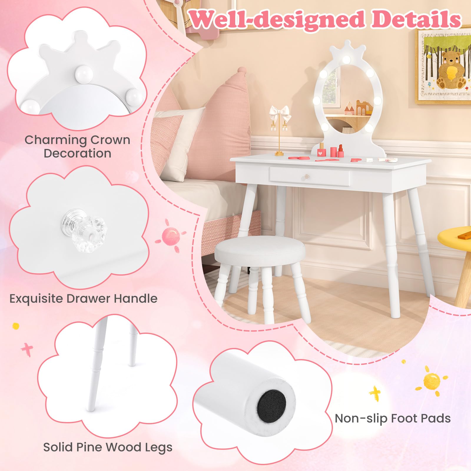 HONEY JOY Kids Vanity Set with LED Lights - Princess Wooden Makeup Table & Stool with Drawer, 3-Color Adjustable Lighting, Toddler Dressing Vanity for Girls Ages 3-8, Pretend Play Furniture for Bedroom & Playroom (White) - Perfect for Birthday Gifts & Role Play Activities