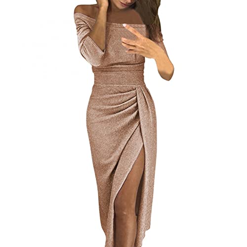 **Elegant Holiday Dresses for Women - Bodycon Long Sleeve Off-Shoulder Midi Dress with Slit Hem | Perfect for Christmas Parties, Club Nights & Special Occasions**