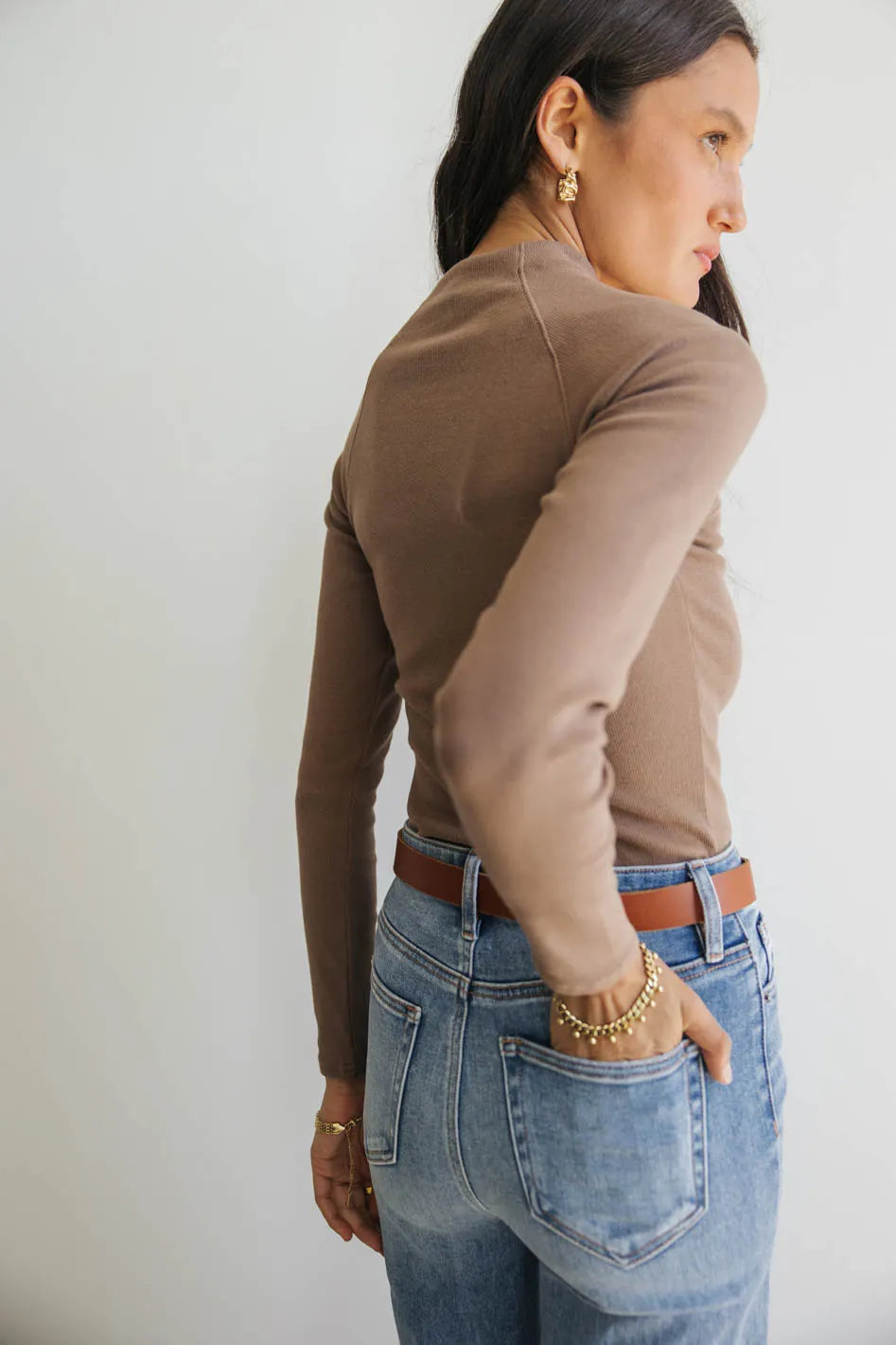 Amaya Mock Neck Top for Women - Soft Stretch Mocha Brown Long Sleeve Shirt | Perfect for Work, Date Night & Casual Outfits