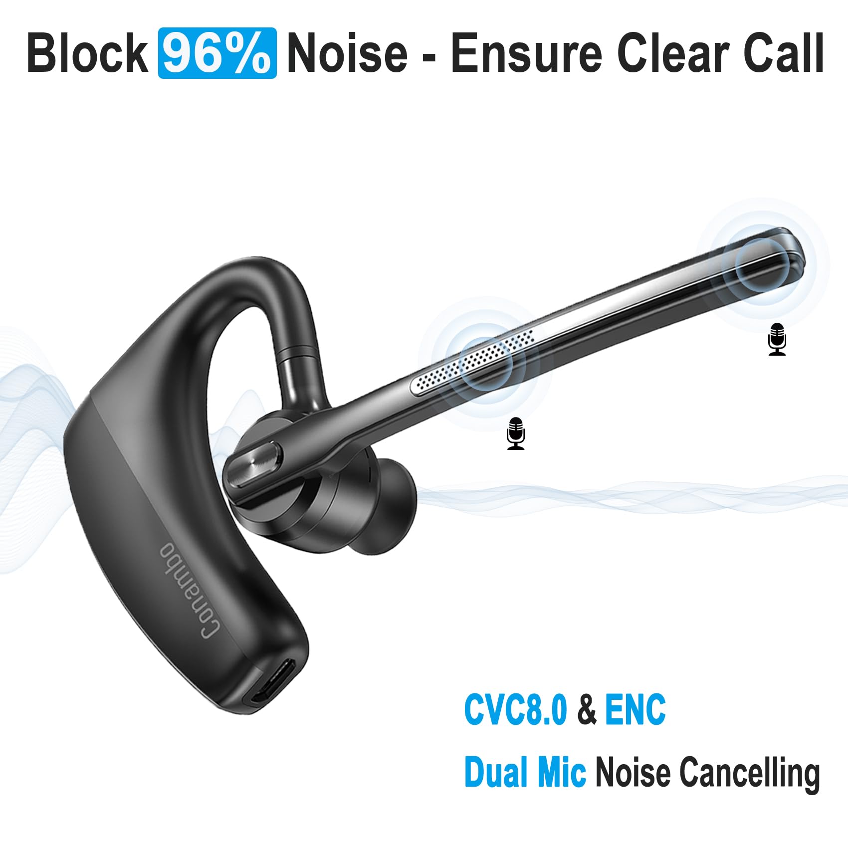 Conambo K10C Bluetooth Headset V5.2 Wireless Earpiece - CVC8.0 Dual Mic Noise Cancelling, 16Hrs Talk Time, Compatible with iPhone & Android - Perfect for Truckers, Office Work, Driving & Conference Calls
