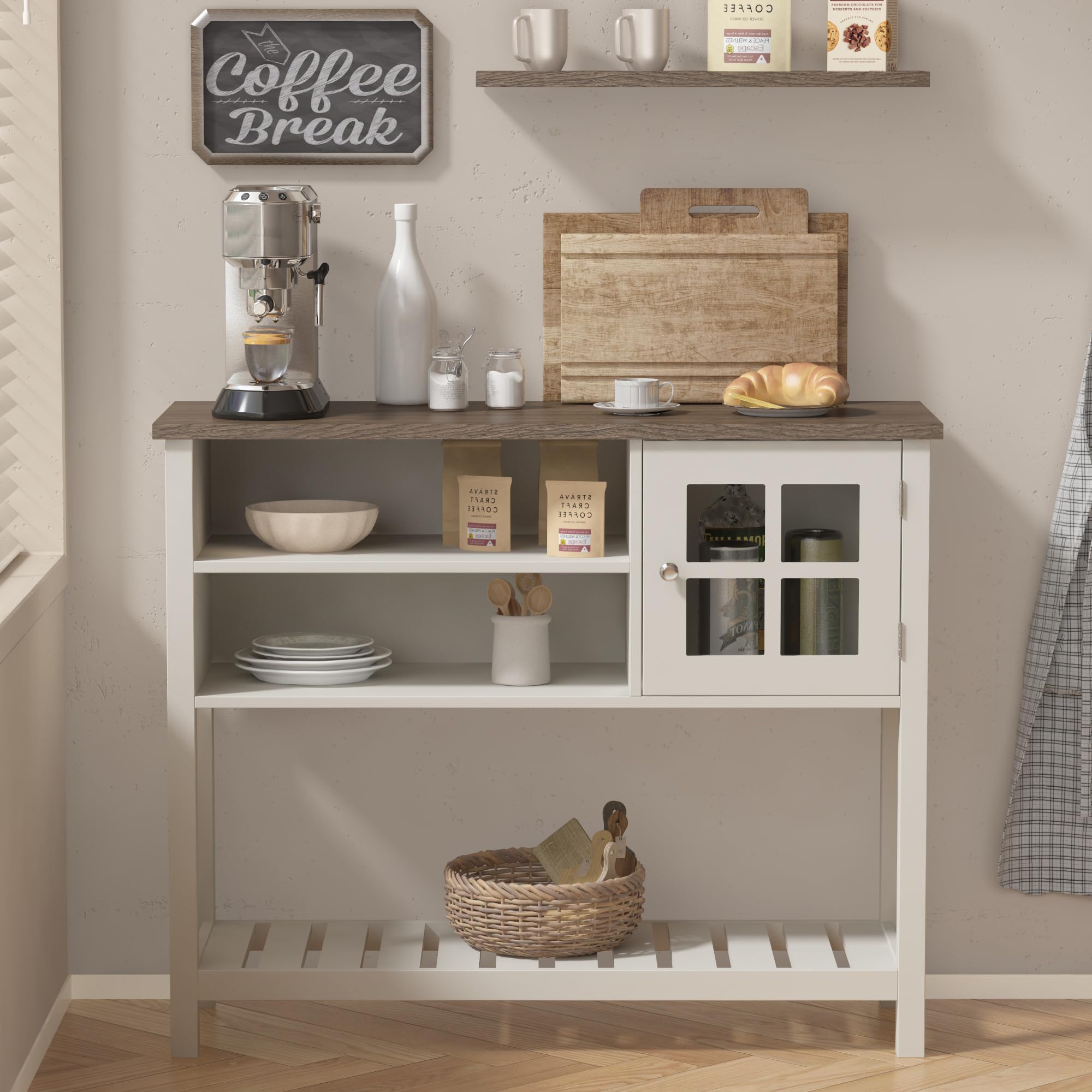 ChooChoo Farmhouse Coffee Bar Cabinet with Storage - White Sideboard Buffet with Glass Doors, Kitchen Console Table for Hallway & Entryway | Perfect for Coffee Station, Dining Room Storage & Farmhouse Decor