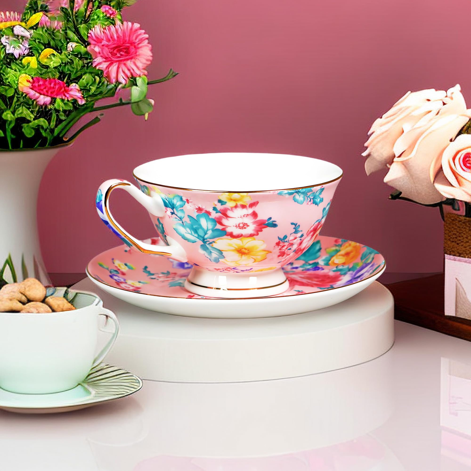 7oz Floral Bone China Tea Cup and Saucer Set - Elegant Coffee & Tea Drinking Set for Women, Perfect Gift for Mom, Friends & Tea Parties - Ideal for Afternoon Tea, Bridal Showers & Home Decor