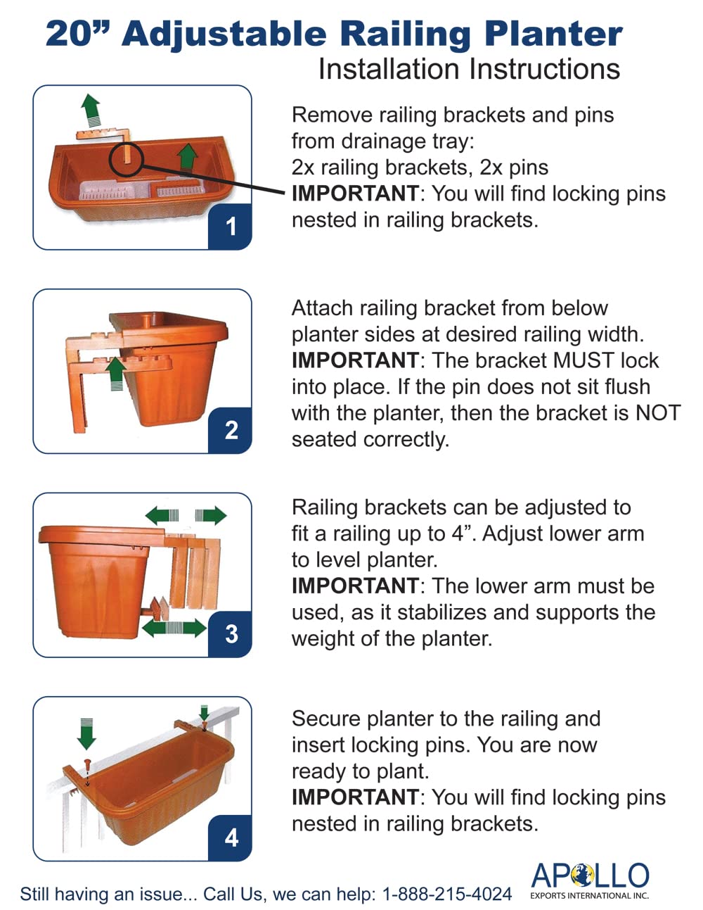 Apollo Exports International AP-30217-TC 20 Inch Adjustable Railing Planter - Terra Cotta Flower Box for Balcony, Deck, Porch & Window Gardening