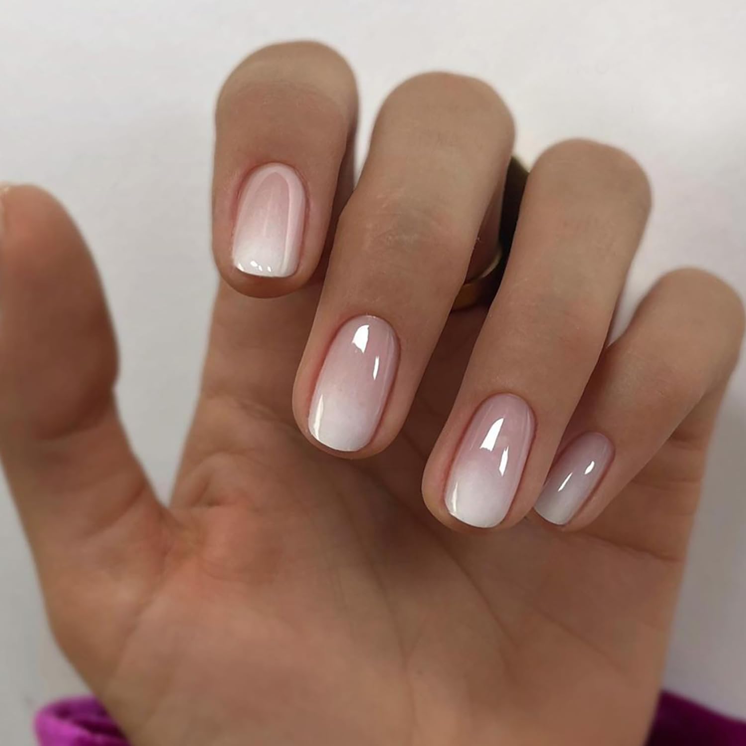 24Pcs Short Square Press On Nails - Pink White Gradient Glitter Acrylic Fake Nails with Full Cover Glue | Easy DIY Manicure for Women | Perfect for Parties, Weddings & Everyday Wear