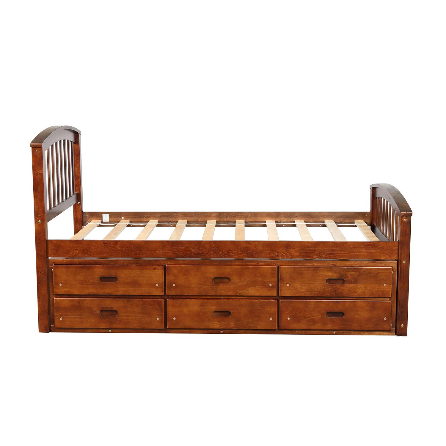 JULYFOX Twin Storage Bed Frame with 6 Drawers - Walnut Pine Wood Platform for Small Spaces | Heavy Duty Bedroom Furniture