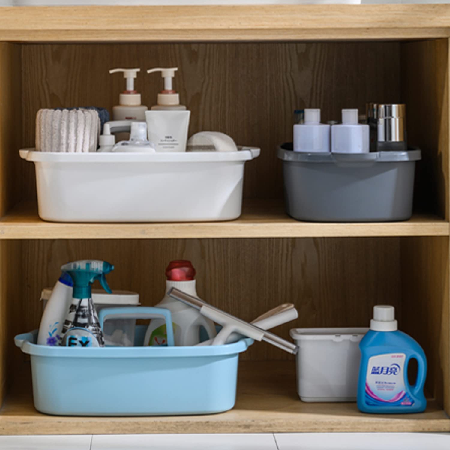 AWEHIRU FVLFIL Large Cleaning Supplies Caddy with Handle - Plastic Cleaning Bucket Organizer for Mops, Sponges & Detergents - Under Sink Storage Caddy for Bathroom & Kitchen (Blue) - Perfect for Home, Office & Janitorial Use
