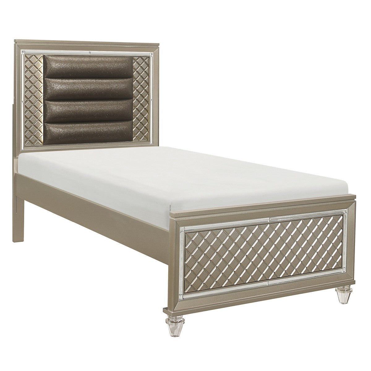 Elegant Champagne Twin Platform Bed with LED Headboard & Mirror Trim - Perfect for Modern Bedrooms, Kids Rooms & Small Spaces