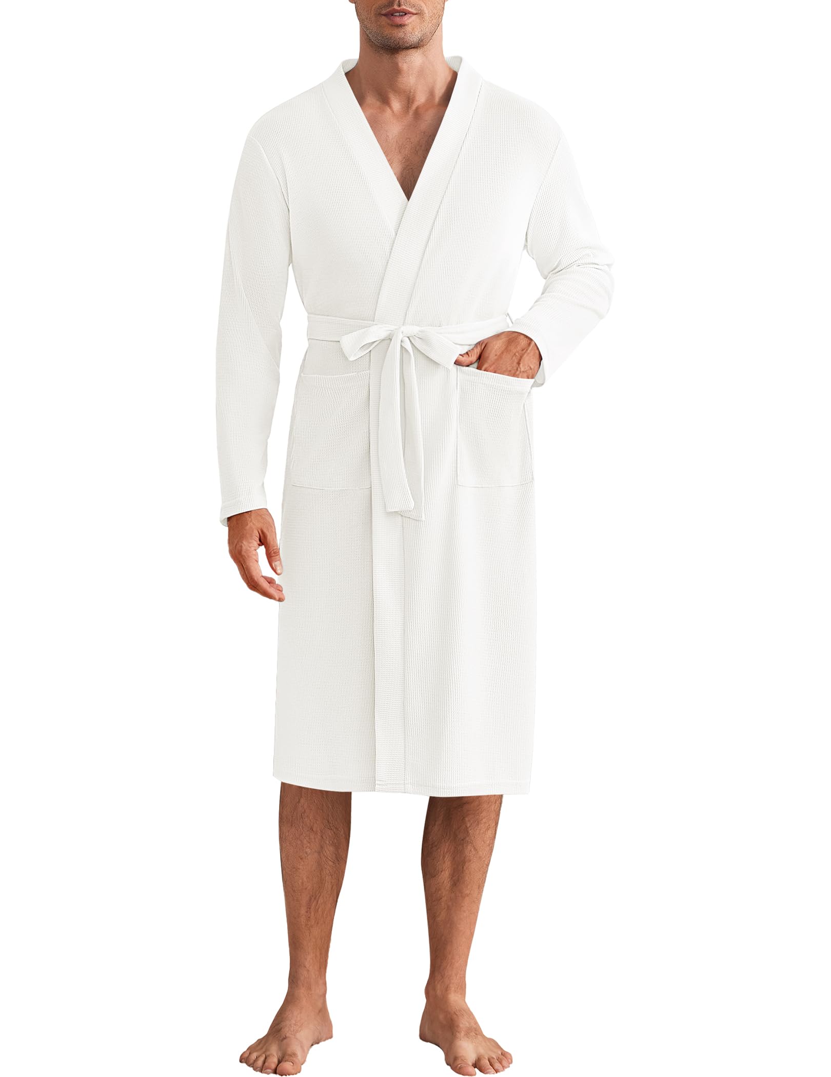 Ekouaer Men's Lightweight Waffle Knit Bathrobe - Soft Kimono Style Spa Robe with Pockets, Long Sleeve V-Neck Shower Robe for Relaxation, Lounge Wear & Sleepwear - Perfect for Home, Spa, and Vacation Use