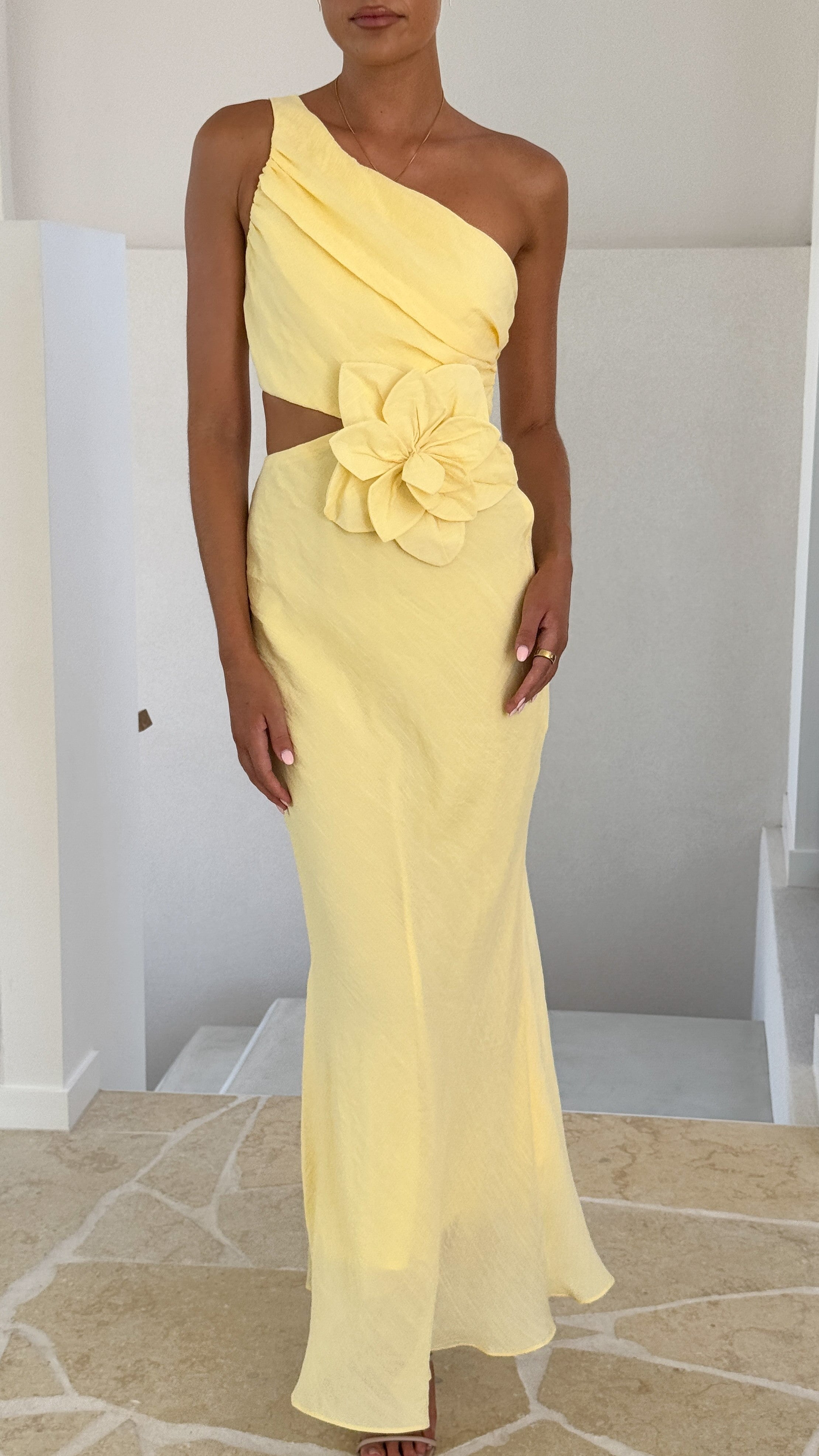 Elegant Bloom One Shoulder Cut Out Maxi Dress in Yellow - Perfect for Beach Vacations, Summer Parties & Evening Events