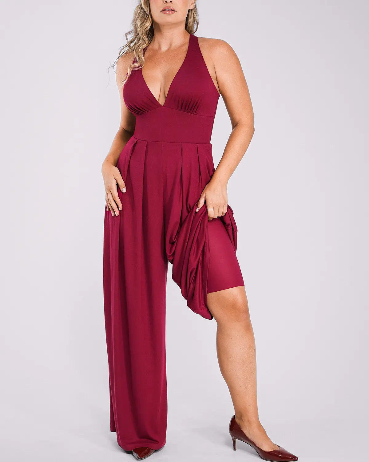 Deep V Neck Slimming Jumpsuit for Women - Tummy Control Bodysuit with Built-in Shapewear - Perfect for Parties, Date Nights & Special Occasions