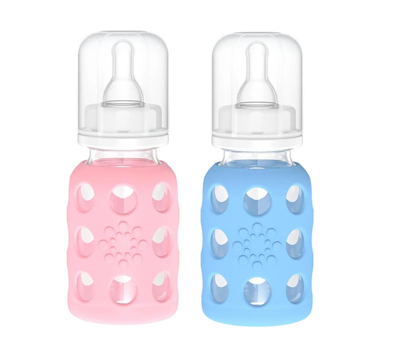 Lifactory 4oz Glass Baby Bottles with Silicone Sleeve - 2 Pack (Pink & Sky Blue) | BPA-Free, Microwave & Dishwasher Safe | Perfect for Newborns, Infants & Toddlers | Ideal for Breastfeeding, Formula Feeding & On-the-Go Use