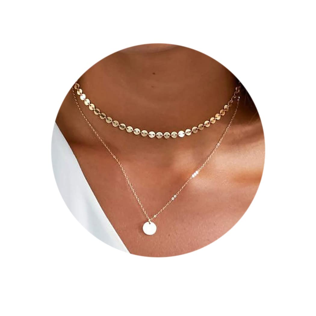 Boho Layered Necklace for Women - Gold Sequin Choker with Round Disc Pendant, Trendy Layered Chain Jewelry for Girls | Perfect for Parties, Date Nights & Everyday Wear