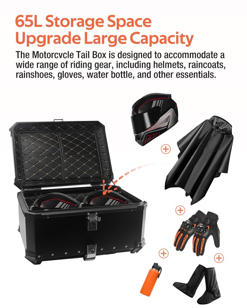 65L Aluminum Motorcycle Top Case - Waterproof, Rustproof & Dustproof Motorcycle Trunk with Anti-Theft Lock System & Universal Bracket - Easy Installation for Secure Storage - Perfect for Commuting, Touring & Adventure Riding (Black)