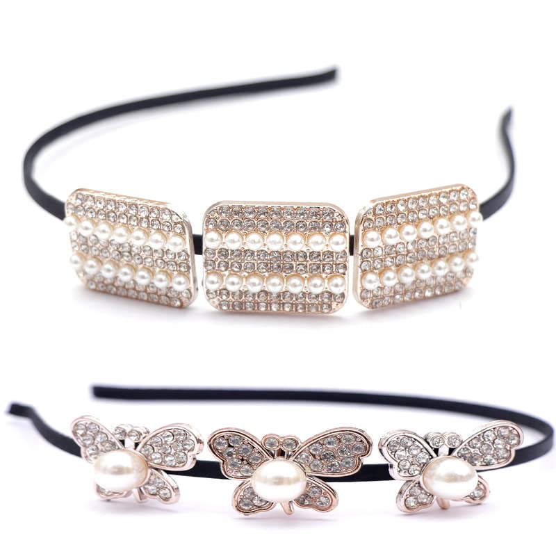 NAVMAV Sparkling Crystal Rhinestones & Pearl Beads Non-Slip Butterfly Headband - Elegant Wedding & Party Hair Accessories for Women & Girls (2-Pack) | Perfect for Bridal, Prom, and Special Occasions