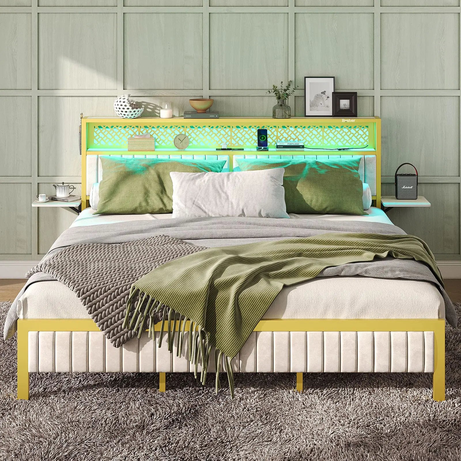 Bestier King/Queen/Full Size Bed Frame with USB Charging Station - Sturdy Metal Platform Bed with Headboard & LED Lights - Perfect for Modern Bedrooms & Guest Rooms
