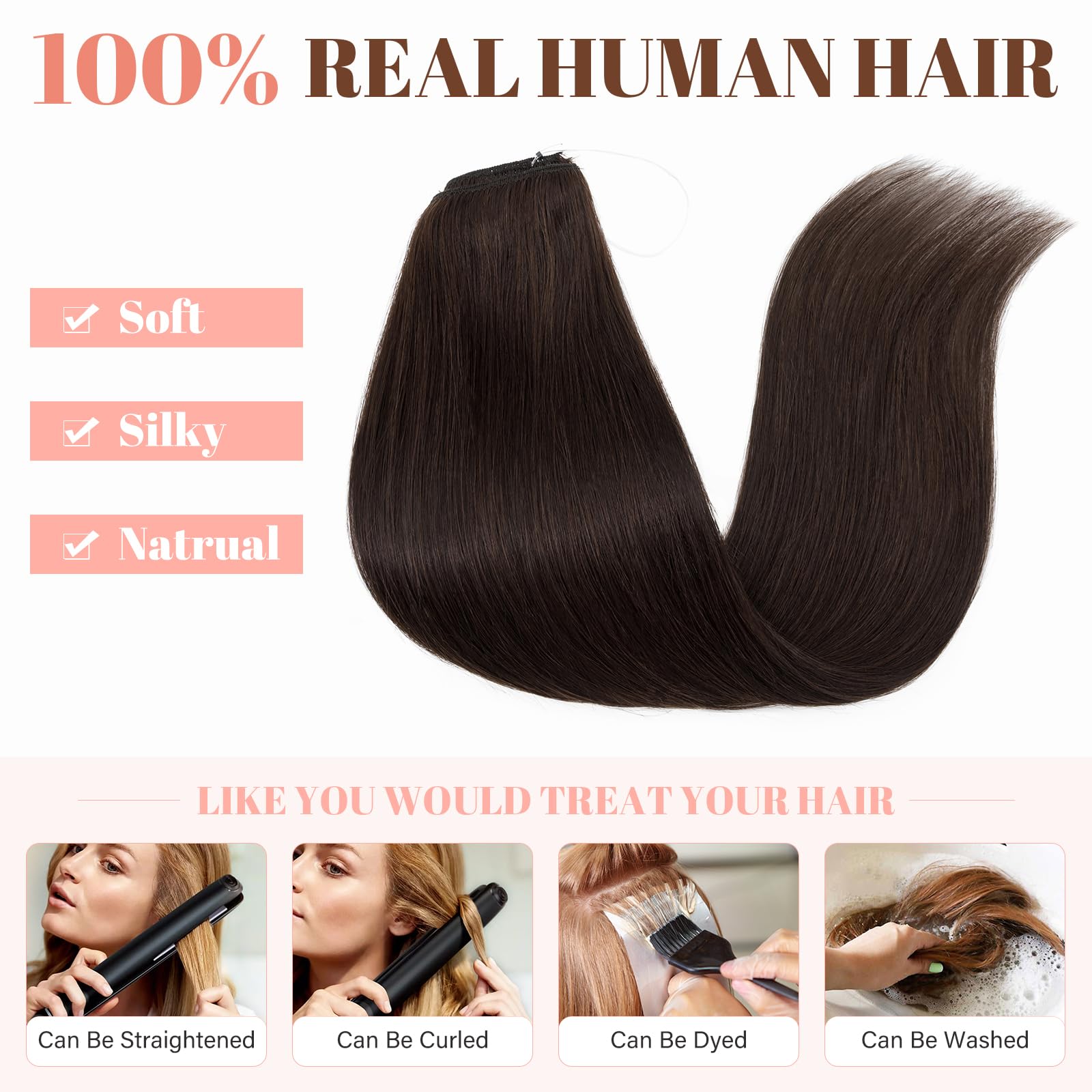 100% Human Hair Extensions - Invisible Wire In Hair Piece with Transparent Rubber Band & 2 Clips - Long Silky Straight Brown 22