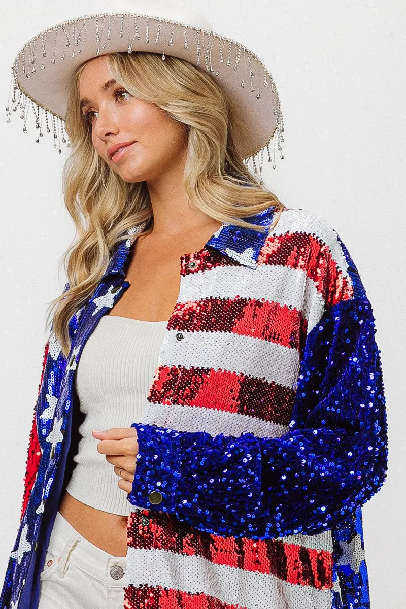 BiBi Velvet Sequin American Flag Shirt - Patriotic Women's Fashion Top for 4th of July, Parties & Festive Events