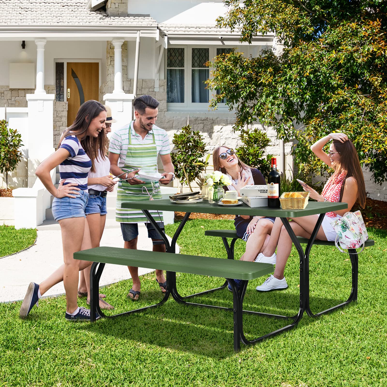 Moccha Portable Plastic Picnic Table Bench Set with Steel Frame & Wood-Like Texture - Heavy Duty All-Weather Outdoor Dining Set for Garden, Patio, Backyard, Camping and Party Gatherings (Green)