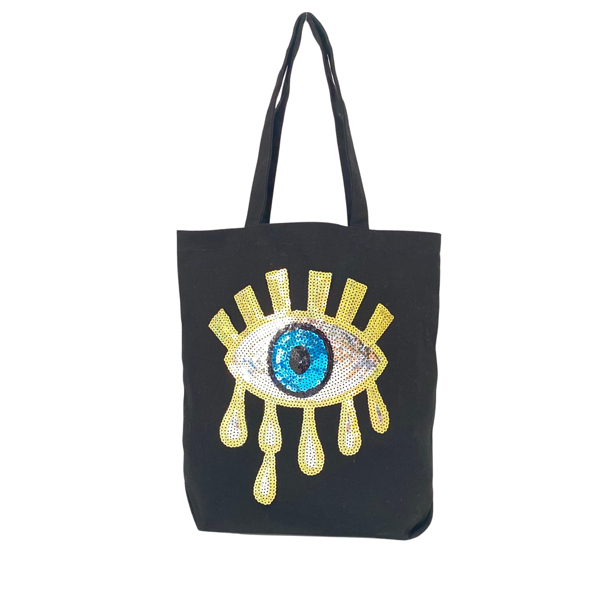Evil Eye Black Canvas Tote Bag - Eco-Friendly Reusable Beach Bag for Women, Summer Shopping Bag with Black Gold Design - Perfect for Beach Trips, Grocery Shopping & Daily Use