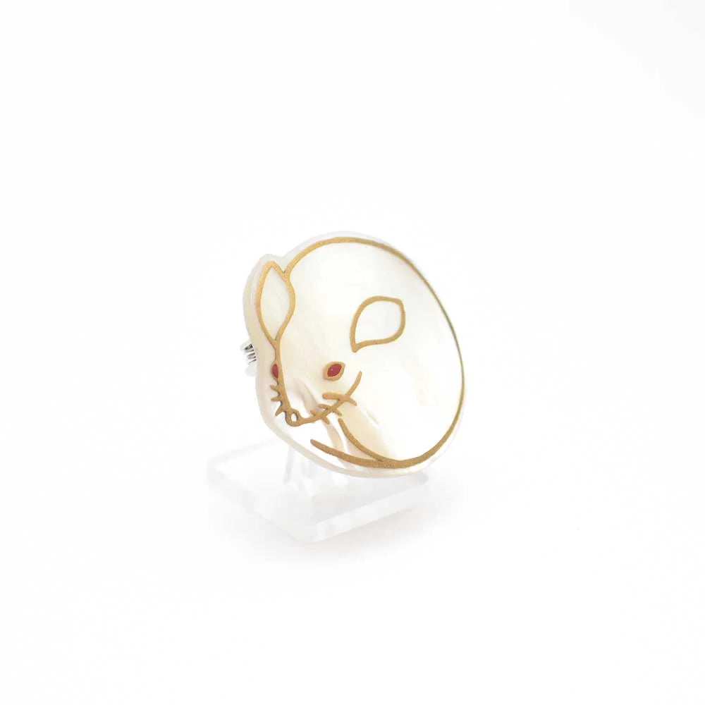 Handcrafted Maki-e Urushi Lacquer Brooch with White South Sea Pearl Shell & Mouse Design | Traditional Japanese Lacquer Jewelry | Perfect for Formal Occasions, Gift Giving & Cultural Fashion Statements