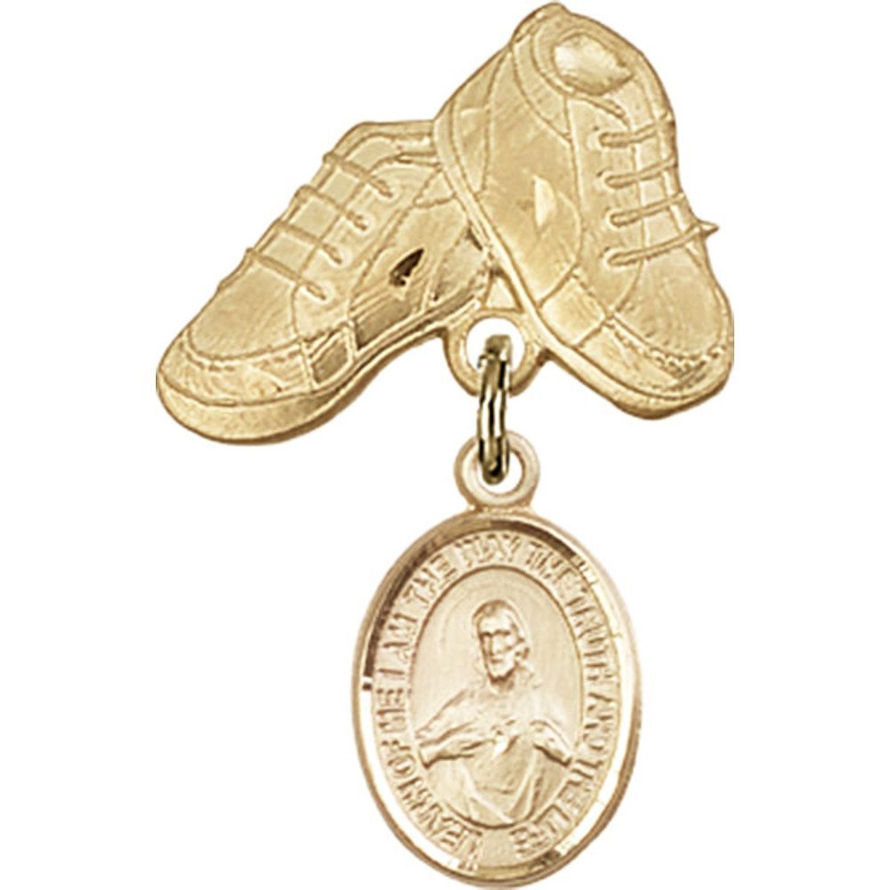 Gold Filled Baby Badge with Scapular Charm & Bootie Pin - 1 x 5/8 Inch Religious Jewelry for Christening, Baptism Gifts & Newborn Keepsakes