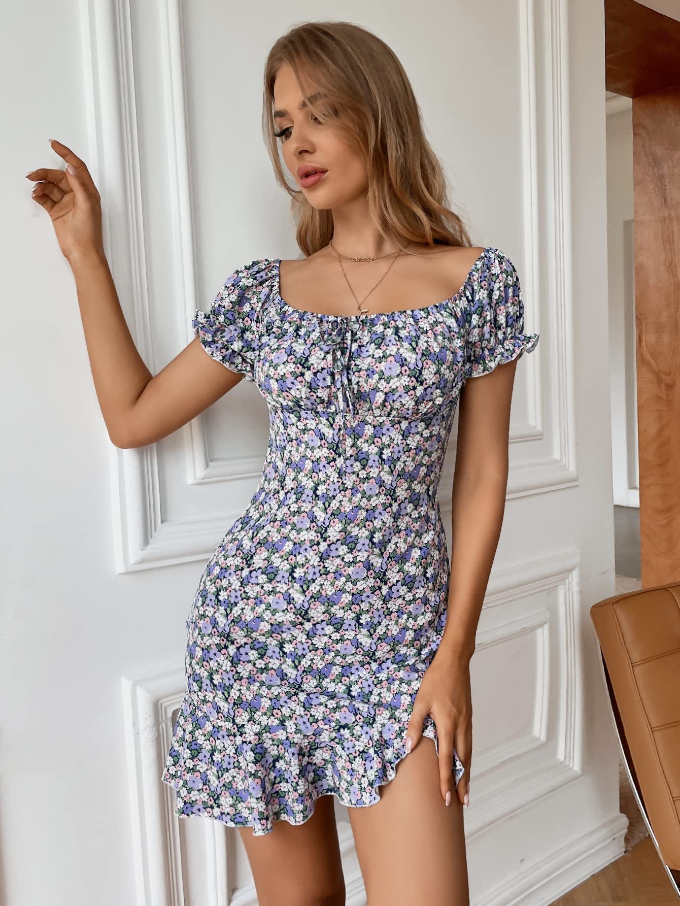 Floral Off Shoulder Summer Dress for Women - Short Sleeve Ruched Bust Knotted Ruffle Hem Casual Beach Party Dress | Perfect for Vacations, Date Nights & Outdoor Events