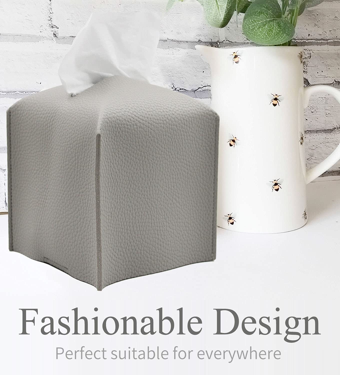 Livelab Square Tissue Box Cover - Modern PU Leather Tissue Holder for Bathroom, Vanity, Office & Car | 5x5x5 Inches | Pastel Grey | Stylish Home & Office Decor