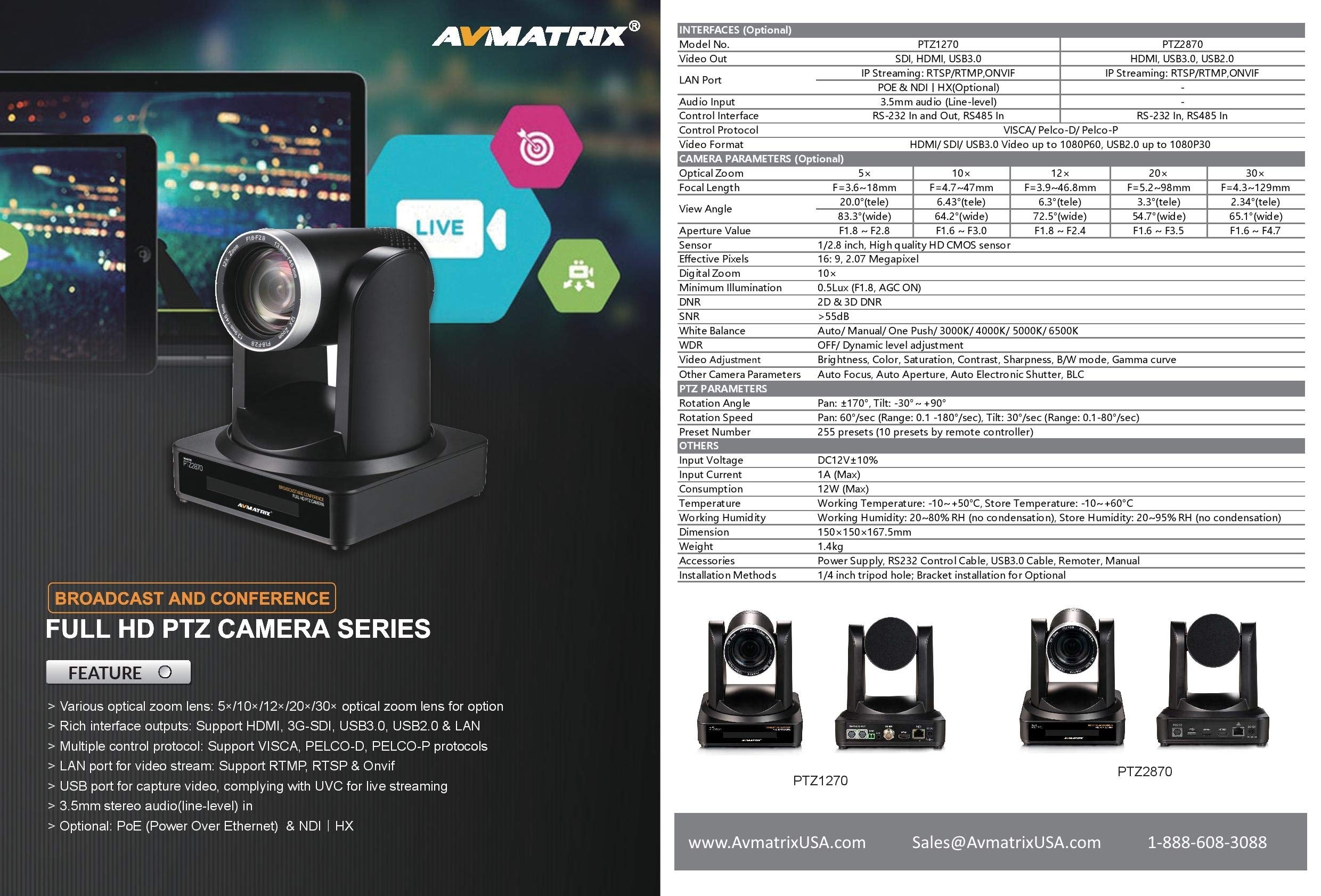 AVMATRIX PTZ1270 20X Professional PTZ Camera - 4K IP Streaming Camera with SDI/HDMI/USB 3.0, PoE Support & 3.5mm Audio - Ideal for Live Events, Church Broadcasts, Studio Productions and Video Conferencing