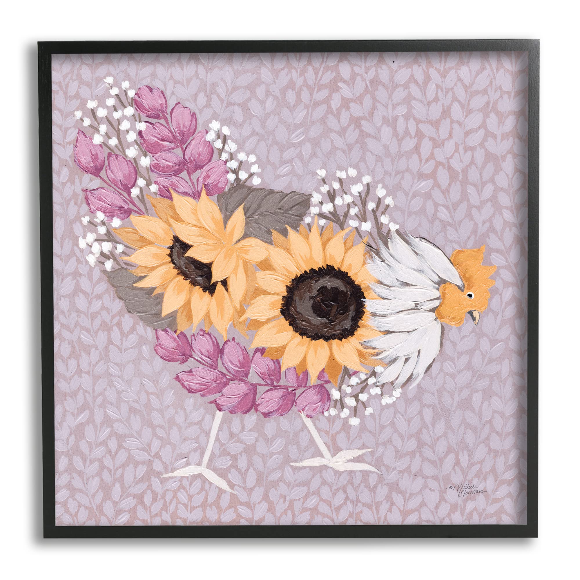 Stupell Industries Farmhouse Chicken & Hen Art Print - Michele Norman's Pink Sunflower Collage Design | Perfect for Kitchen Decor, Country Living & Farmhouse Style Home Accents