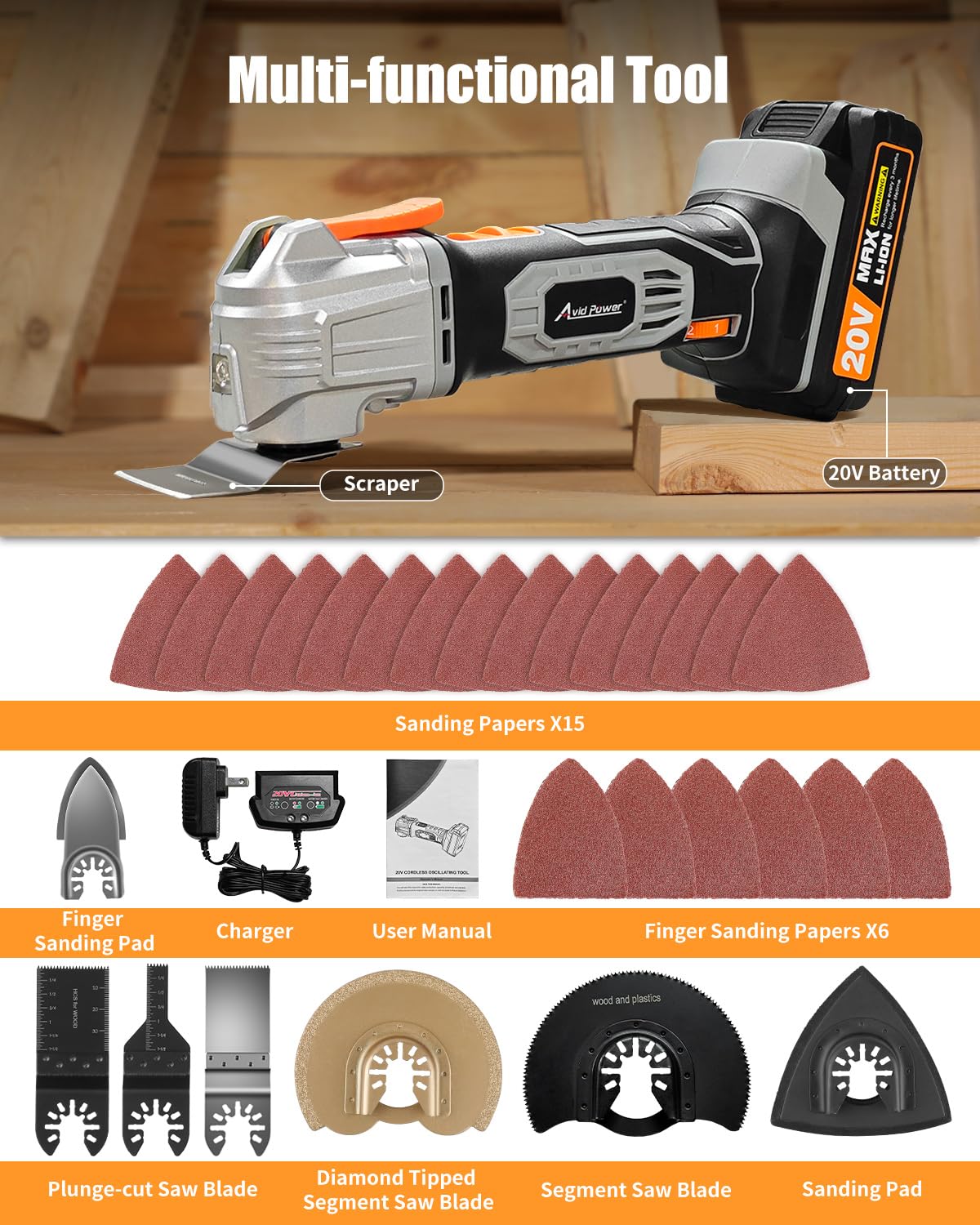 **AVID POWER 20V Cordless Oscillating Multi-Tool Kit with 31 Accessories – Variable Speed Oscillating Saw for Scraping, Cutting, Grinding & Sanding – Perfect for DIY Projects, Home Renovation & Woodworking**