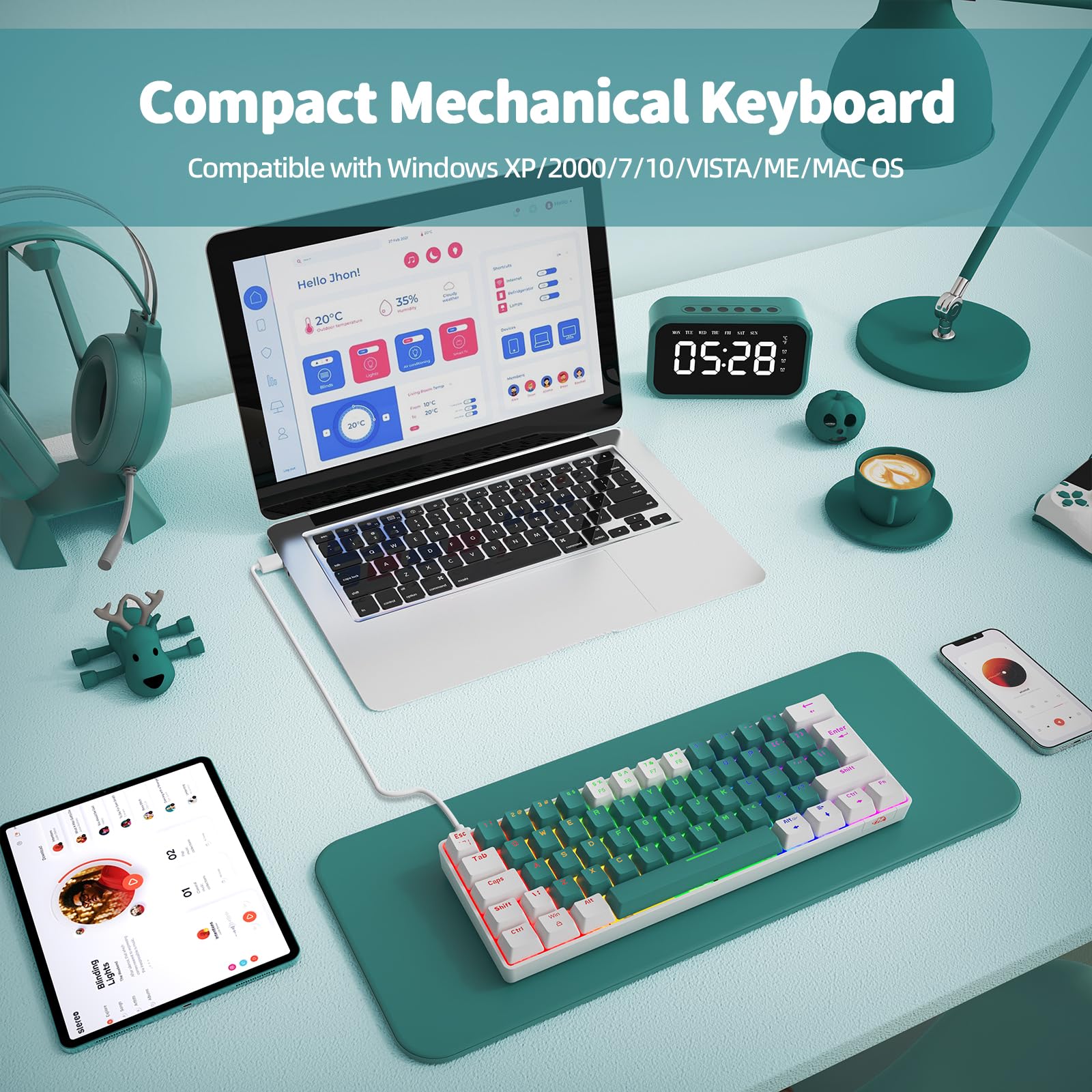 60% UK Gaming Mechanical Keyboard - 62 Key Compact Blue Switches with RGB Backlight for PC/Laptop Gaming & Office Work