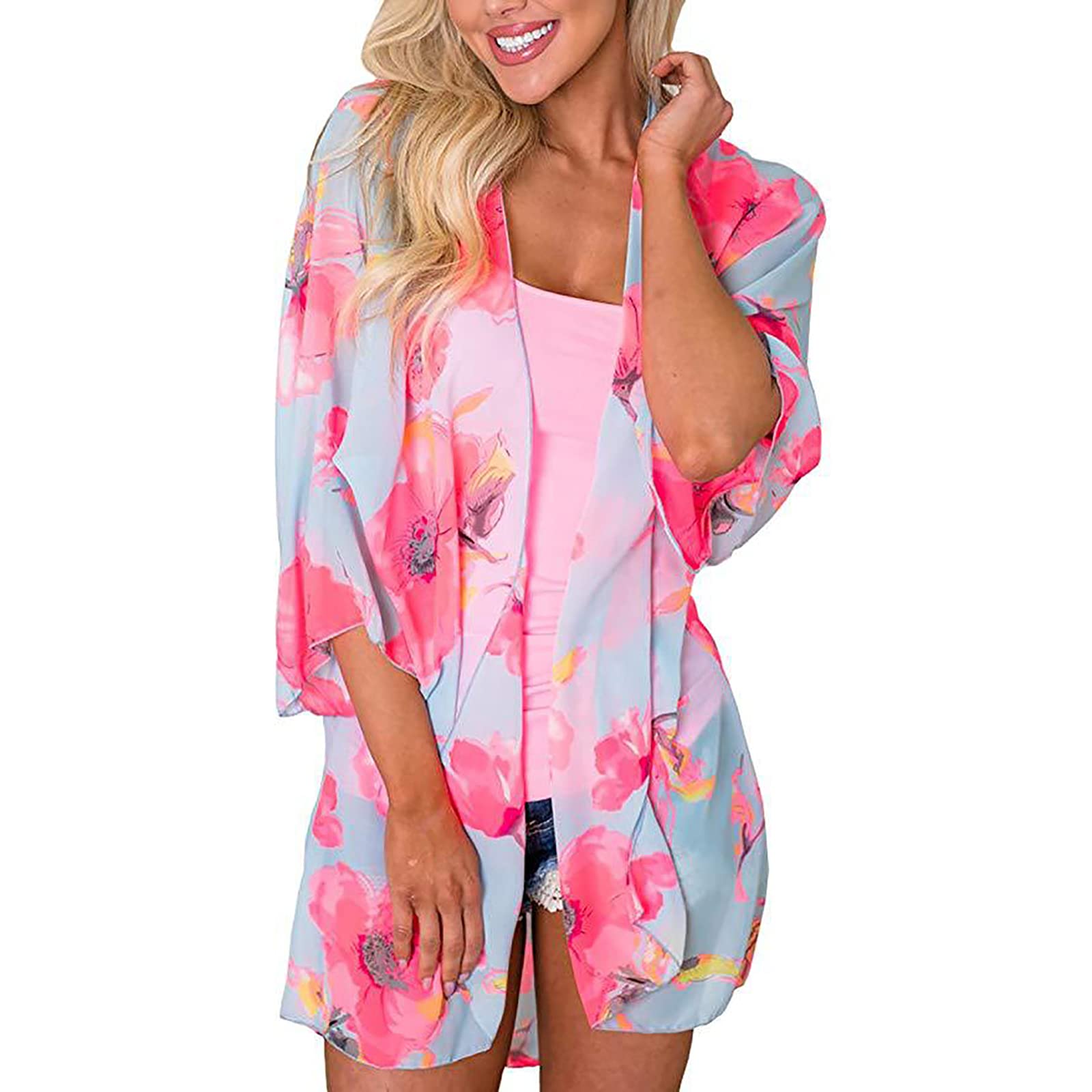 Women's Floral Kimono Cardigan - Lightweight Open Front Beach Cover Up Dress for Swimsuit & Bikini | Summer Beachwear, Pool Party, Vacation Outfit (Grey, Medium)