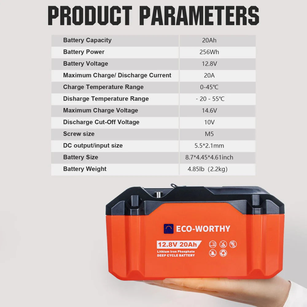 ECO WORTHY 12V 20Ah LiFePO4 Deep Cycle Rechargeable Battery - Portable Power for RV, Solar, Marine & Off-Grid Applications