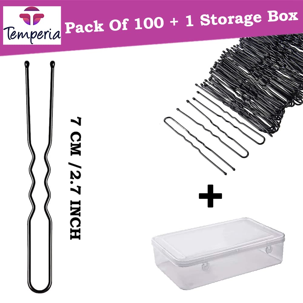 Temperia U-Shaped Hair Pins for Women - 100pcs Black Hair Clips with Storage Box (7cm) | Hair Styling Accessories for Updos, Braids & Bun Hairstyles | Perfect for Daily Use, Weddings & Special Occasions