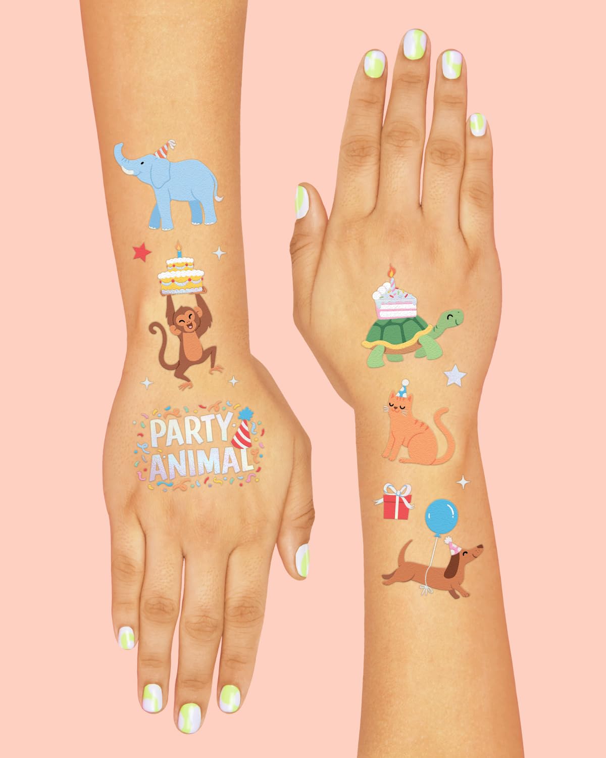 Fetti Party Animal Birthday Temporary Tattoos - 60 Foil Styles for Safari Birthday Decorations | Wild Rainbow Kids Accessories, Wild One Elephant Theme Party Favors, Baby Shower Supplies - Perfect for Birthday Parties, Baby Showers & Themed Events