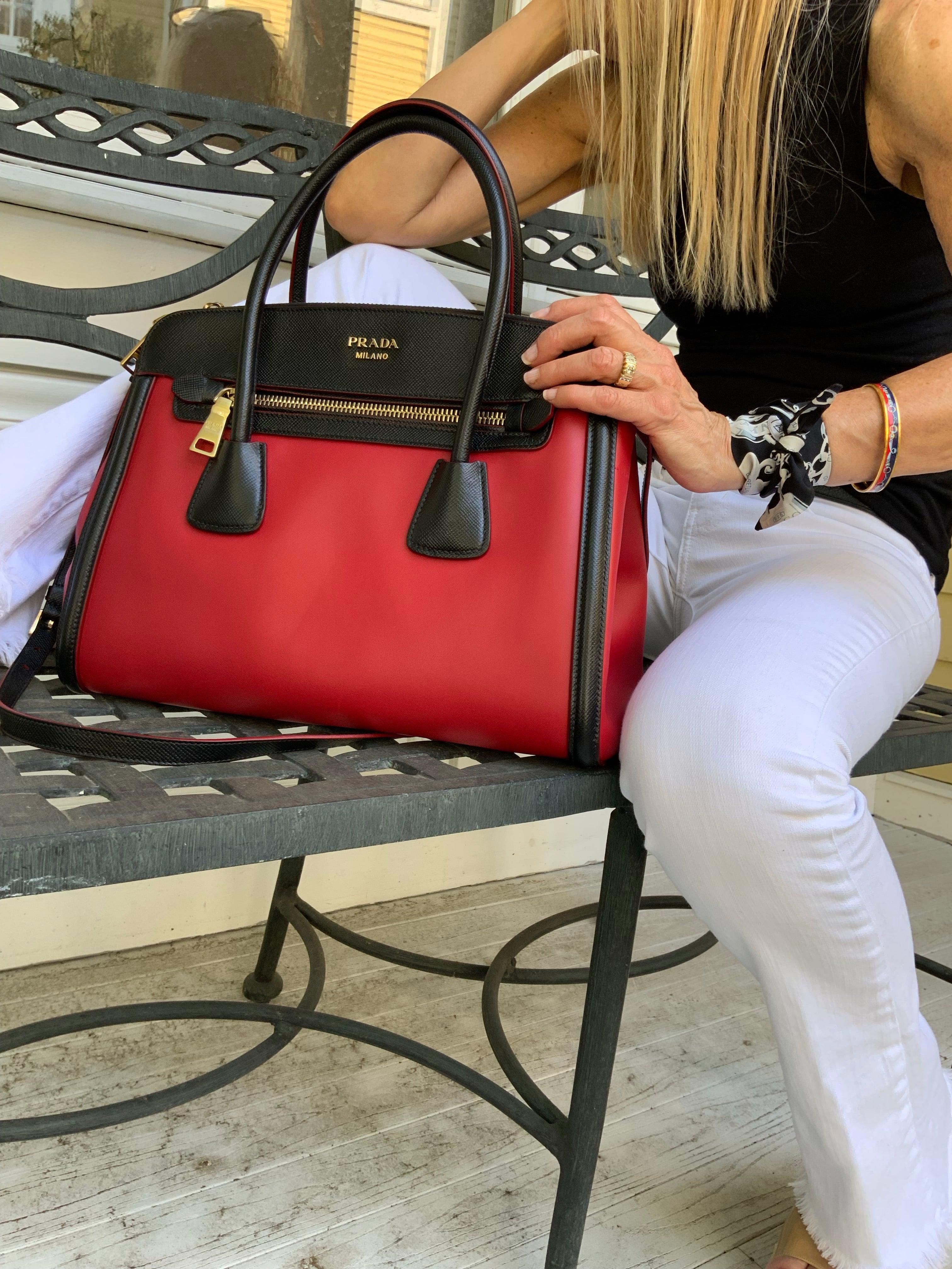 Prada Bi-Color Leather Front Zip Tote Bag with Adjustable Shoulder Strap - Luxury Designer Handbag for Women, Perfect for Work, Travel & Everyday Use