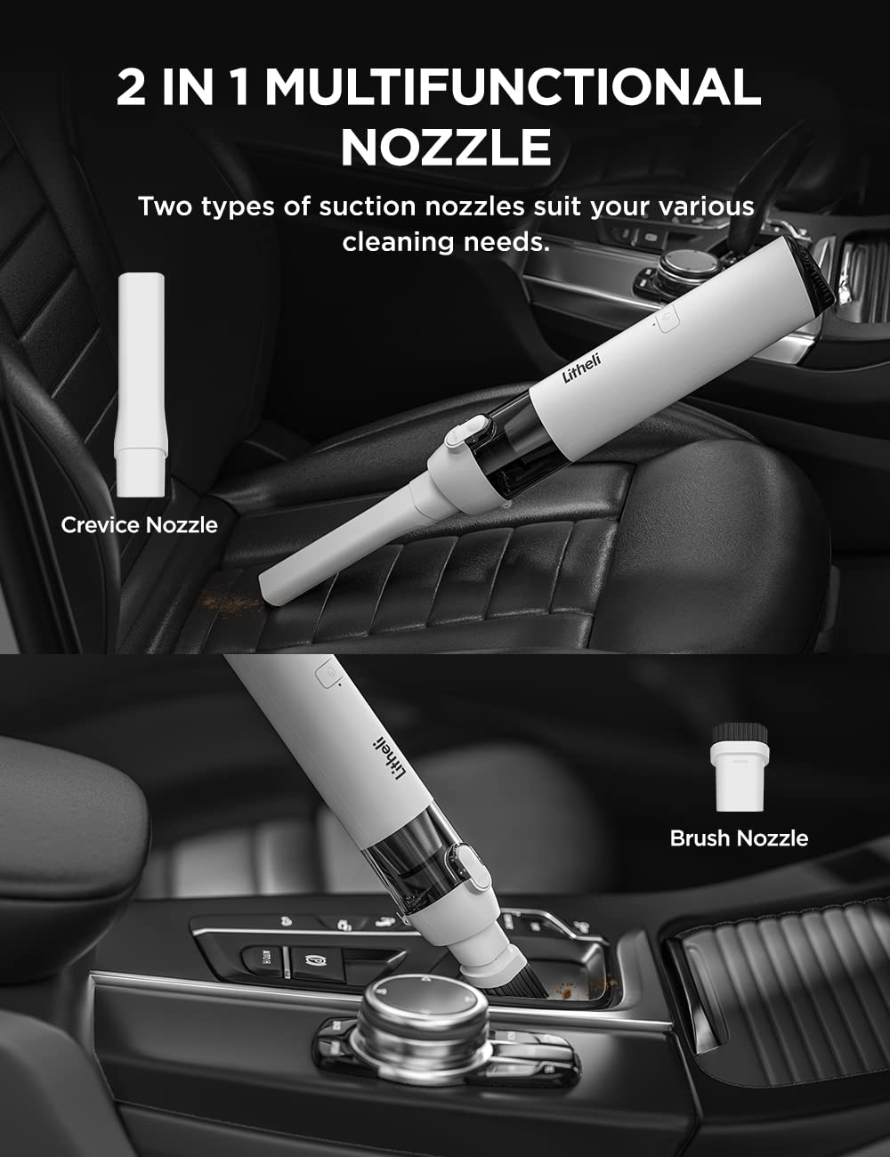 LiTHELi Cordless Handheld Vacuum Cleaner - 10000Pa Strong Suction, Rechargeable Battery, Ultra Lightweight Mini Car Vacuum for Home, Car, Office & Pet Hair Cleaning