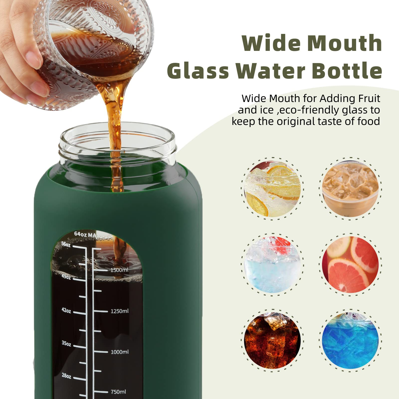 **64oz Glass Water Bottle with Straw & Handle Lid - Half Gallon Motivational Water Bottle with Silicone Sleeve & Time Marker - Large Reusable Sports Jug for Gym, Home, Workout & Outdoor Activities**