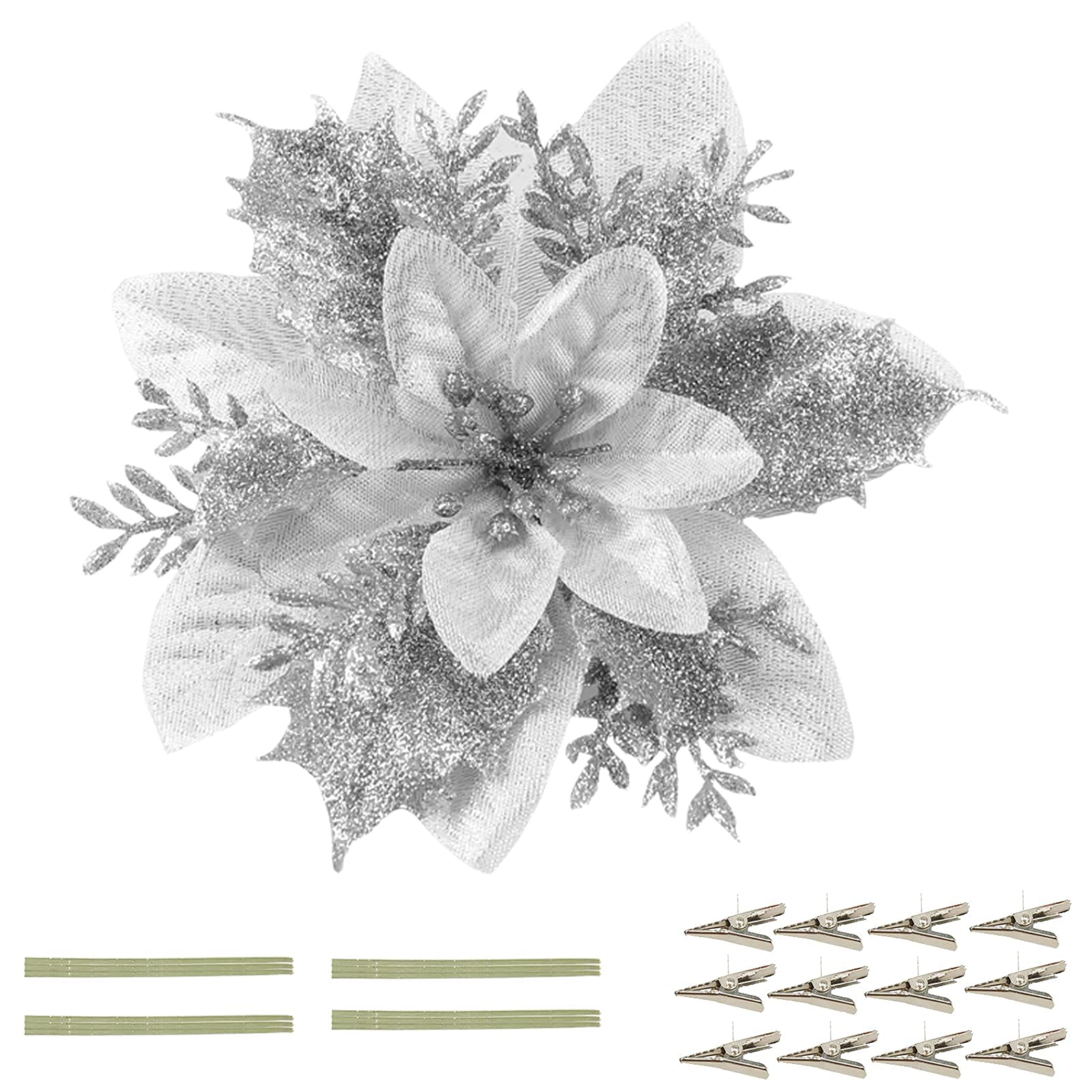 12 Pack Christmas Poinsettia Flowers with Clips & Stems - Glitter Silk Floral Picks for Holiday Decorations, Wreaths, Tree Ornaments, Table Centerpieces & Party Decor (Silver) - Perfect for Christmas, Home, Office & Festive Celebrations